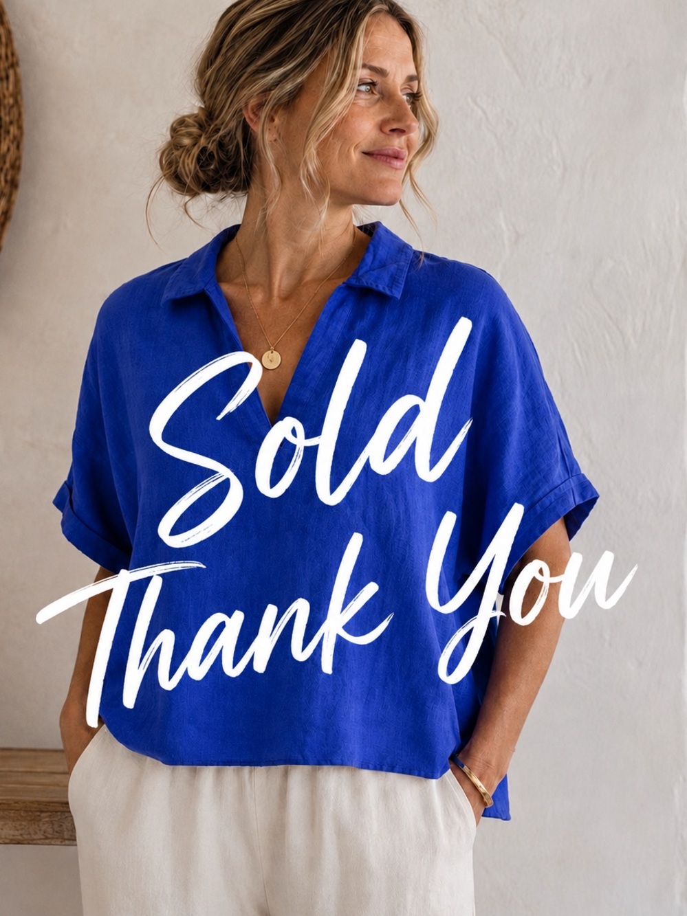 NWOT 100% Linen Cobalt Blue Coastal Popover Blouse
